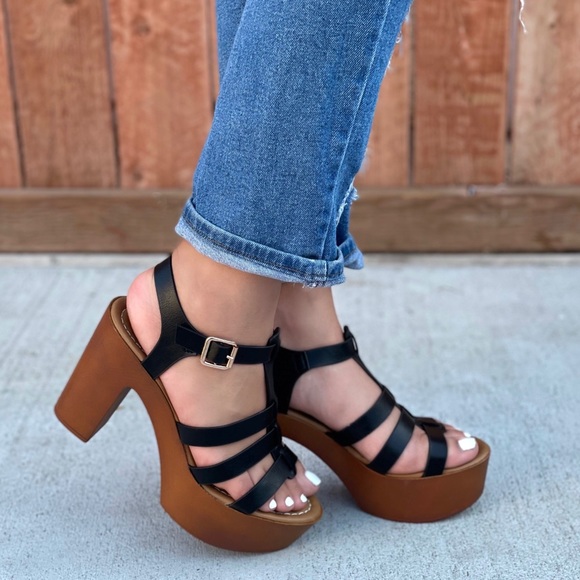 Black Platform Chunky Heel Wedges - Picture 3 of 7